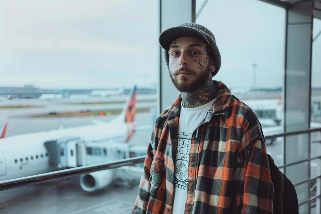 Image gratuite Skateur près des fenêtres avec avion décollant 1