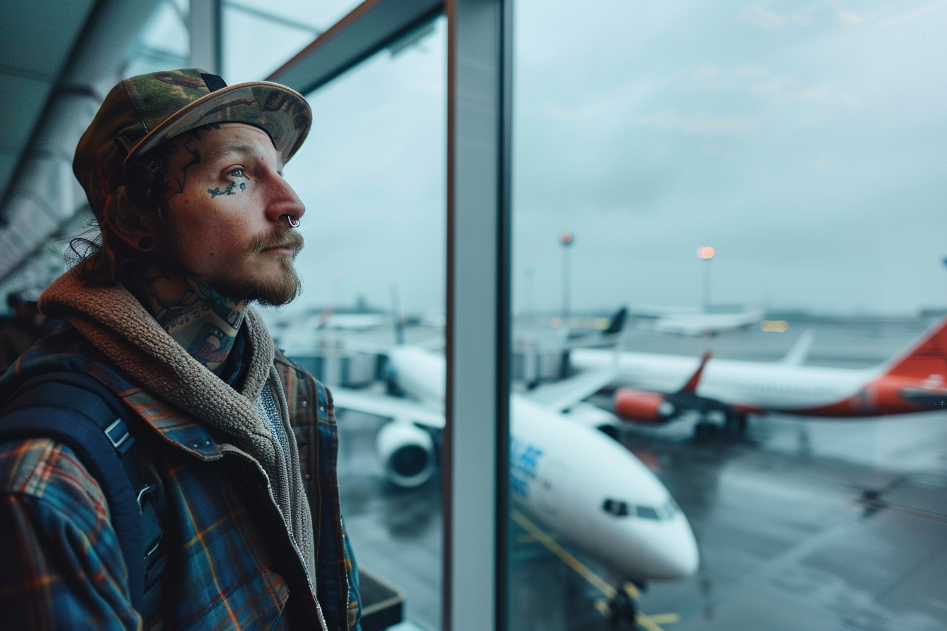 Image gratuite Skateur près des fenêtres avec avion décollant 2