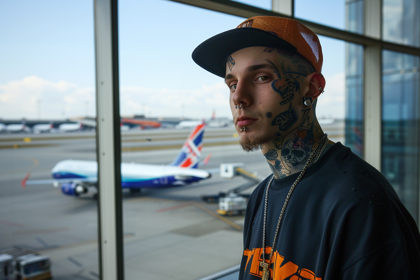 Image gratuite Skateur près des fenêtres avec avion décollant 3