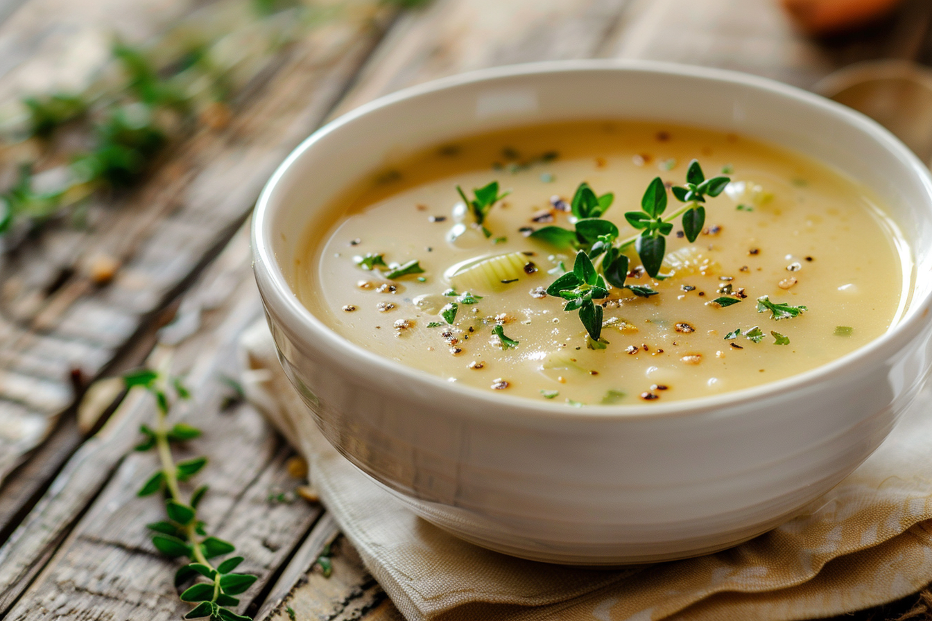 Image gratuite Soupe de poireau sur table en bois 1