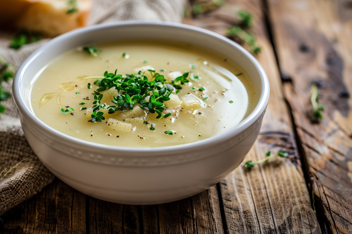 Image gratuite Soupe de poireau sur table en bois 2