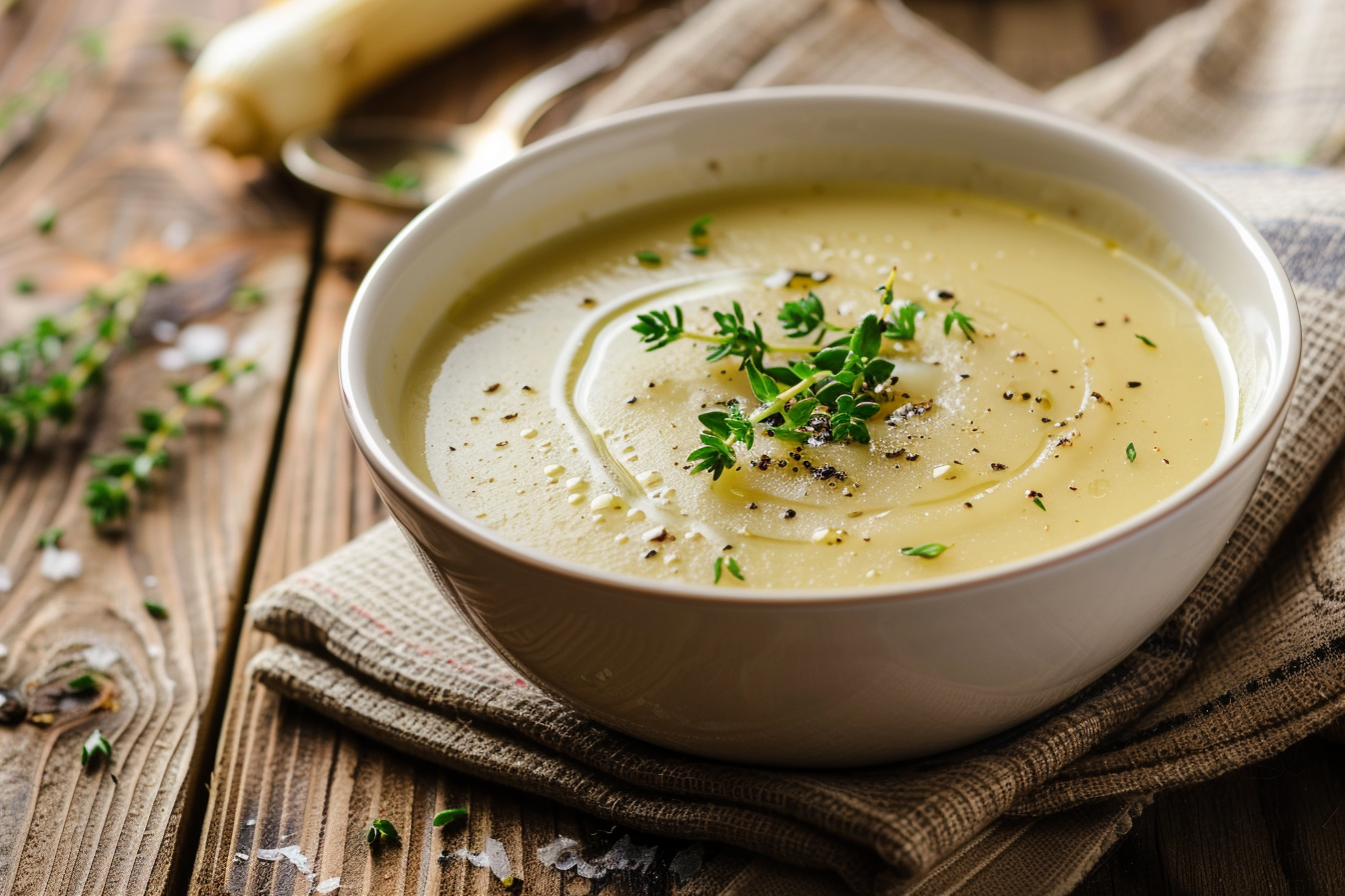 Image gratuite Soupe de poireau sur table en bois 3