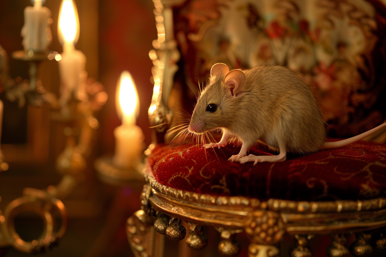 Image gratuite Souris élégante sur trône dans château de poupée 1