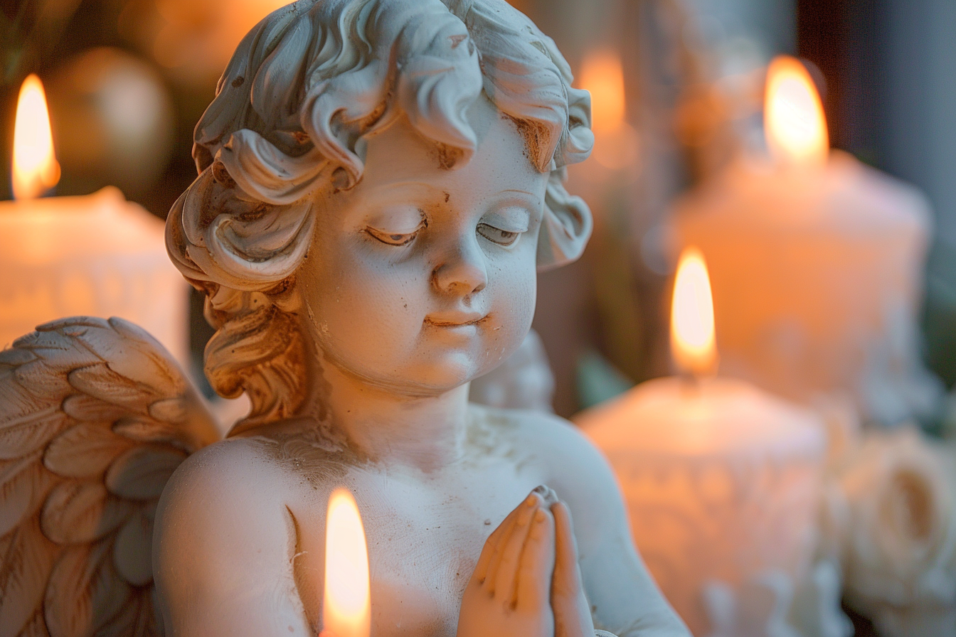 Image gratuite Statue en plâtre d&rsquo;un ange, lueur douce bougies 1