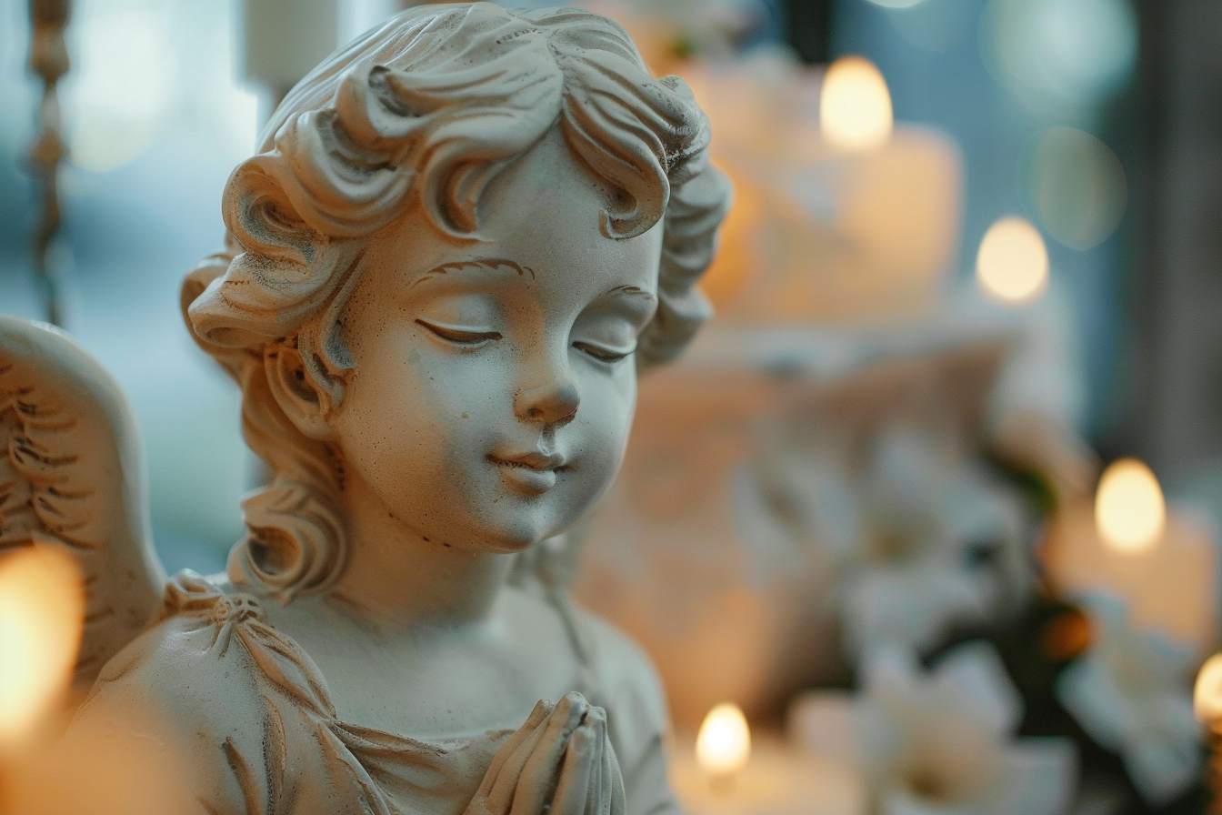 Image gratuite Statue en plâtre d&rsquo;un ange, lueur douce bougies 2