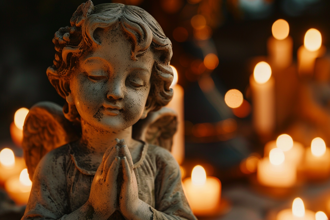 Image gratuite Statue en plâtre d&rsquo;un ange, lueur douce bougies 3