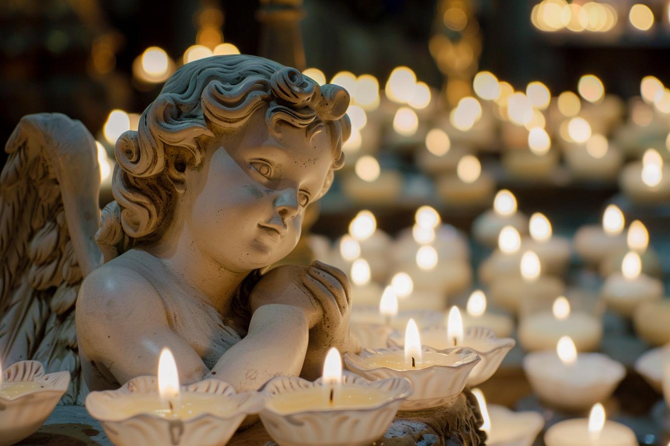 Image gratuite Statue en plâtre d&rsquo;un ange, lueur douce bougies 4