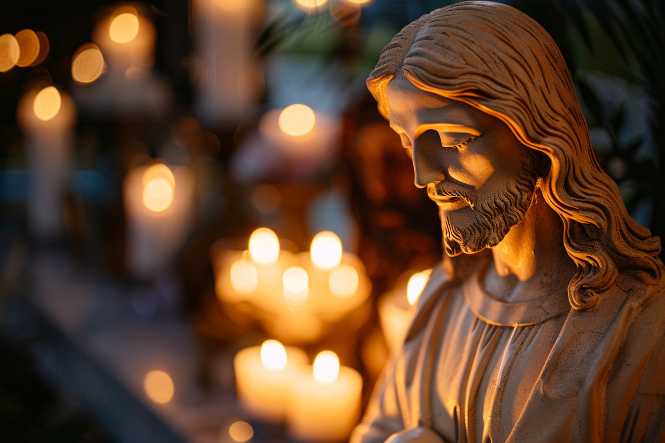 Image gratuite Statue plâtre Jésus, douce lueur bougies 1