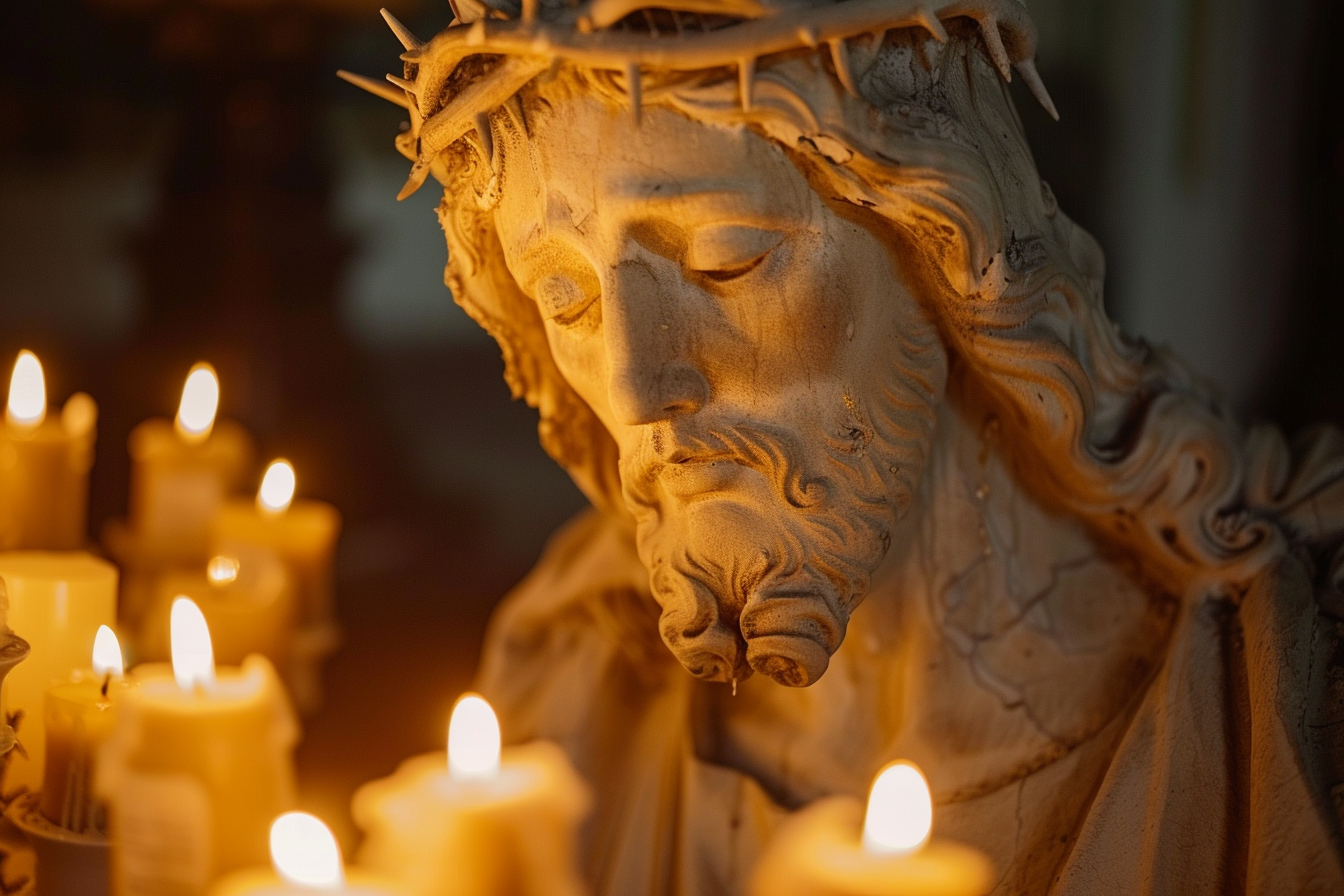 Image gratuite Statue plâtre Jésus, douce lueur bougies 2