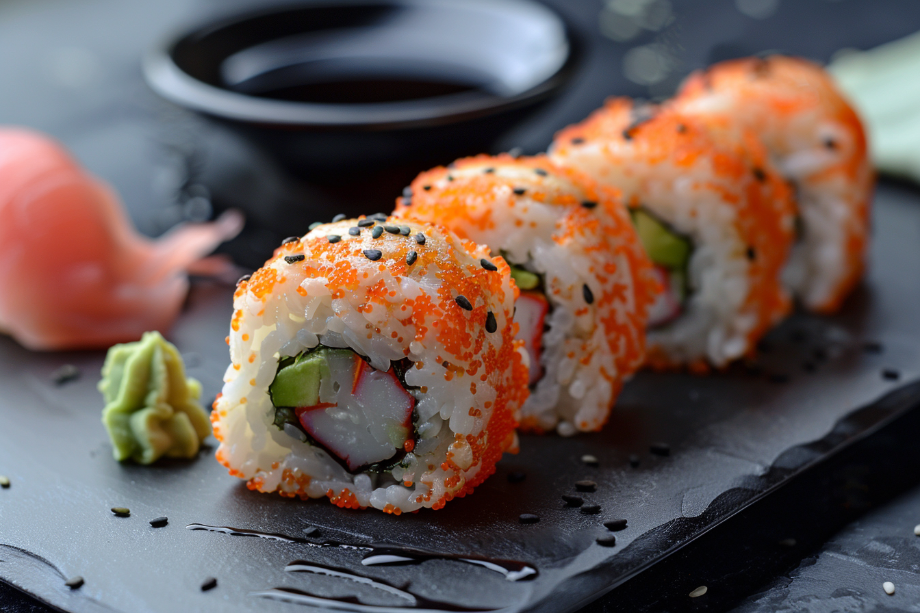 Image gratuite Sushis avec wasabi et sauce soja sur fond sombre 1