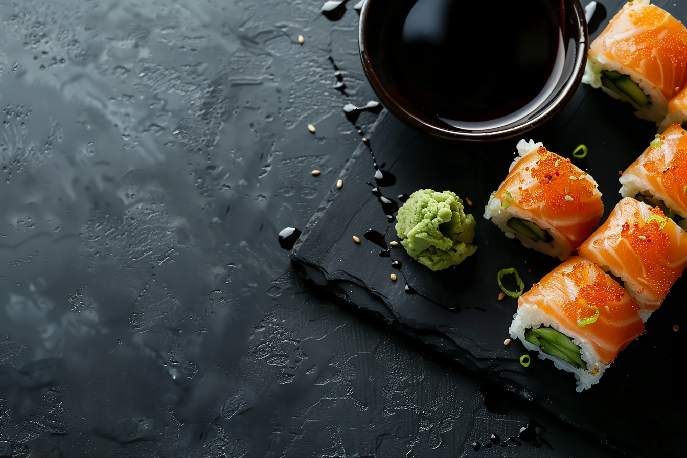 Image gratuite Sushis avec wasabi et sauce soja sur fond sombre 2