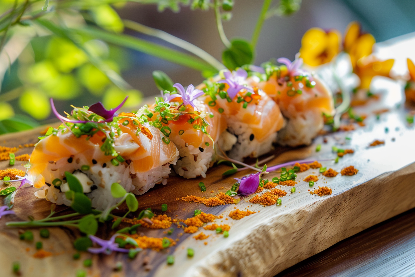 Image gratuite Sushis élégamment présentés sur planche en bois 1