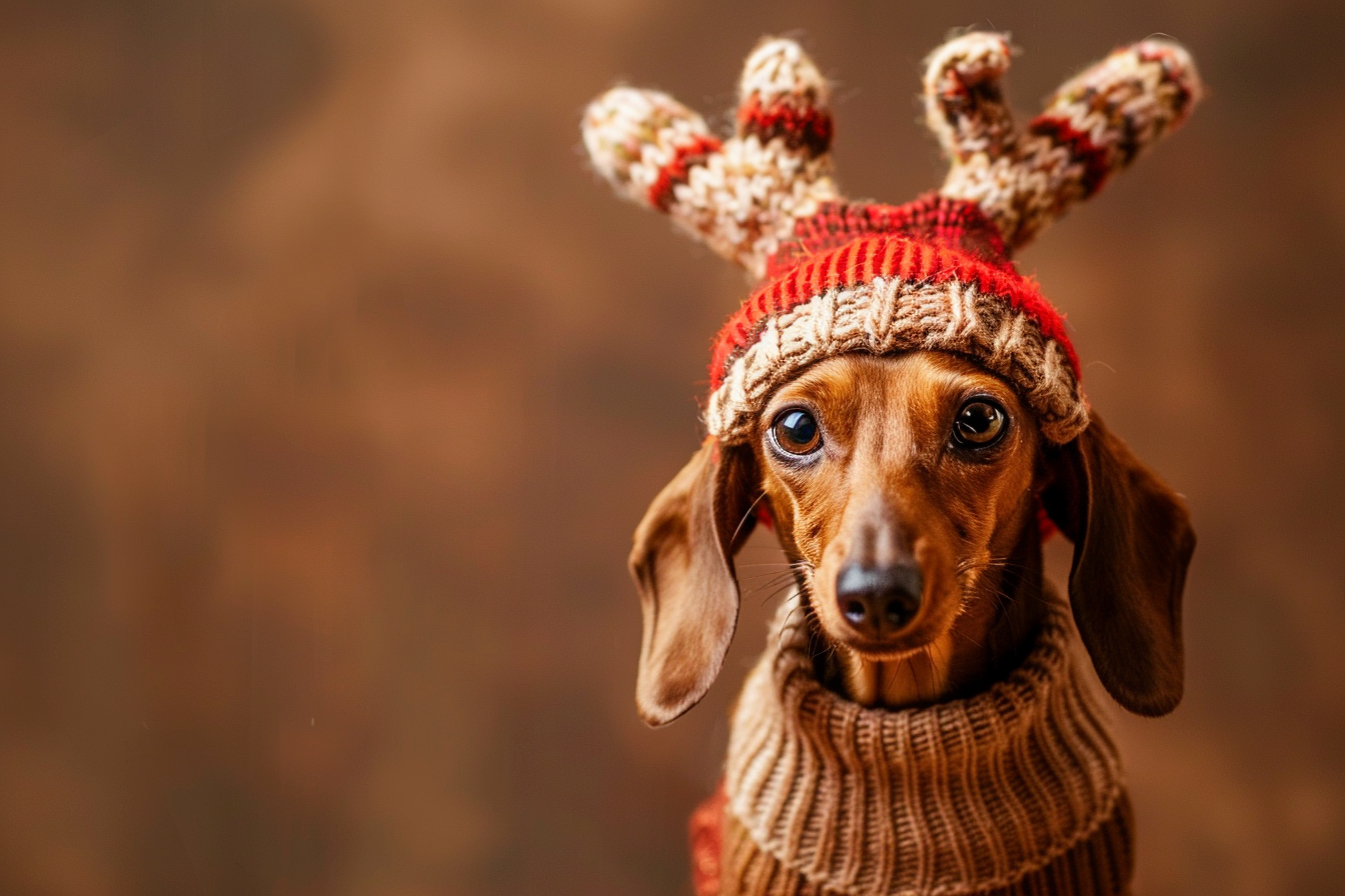 Image gratuite Teckel déguisé en renne sur fond brun 1
