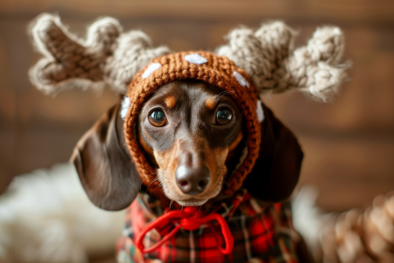 Image gratuite Teckel déguisé en renne sur fond brun 2