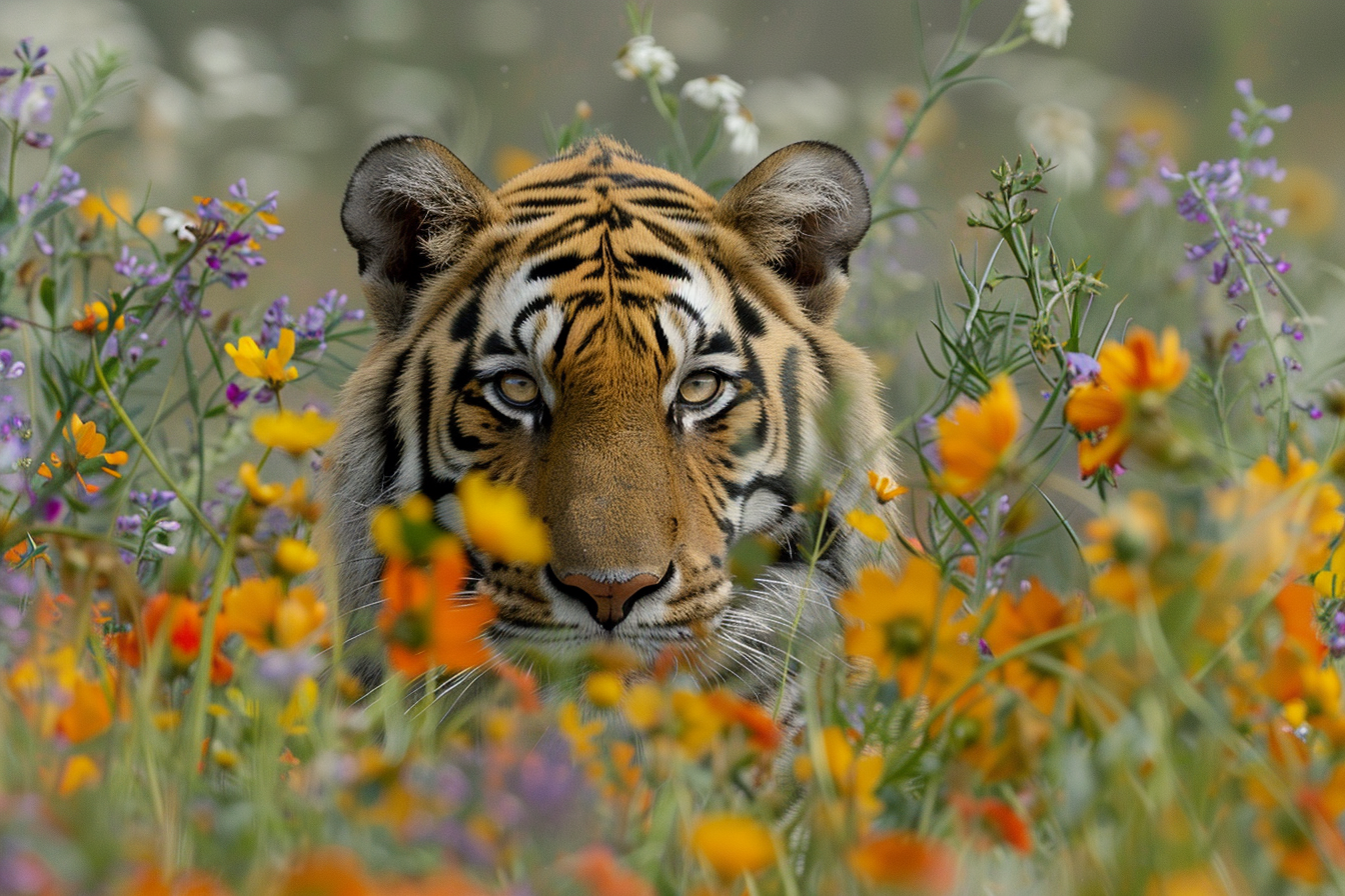 Image gratuite Tigre curieux derrière fleurs sauvages 1