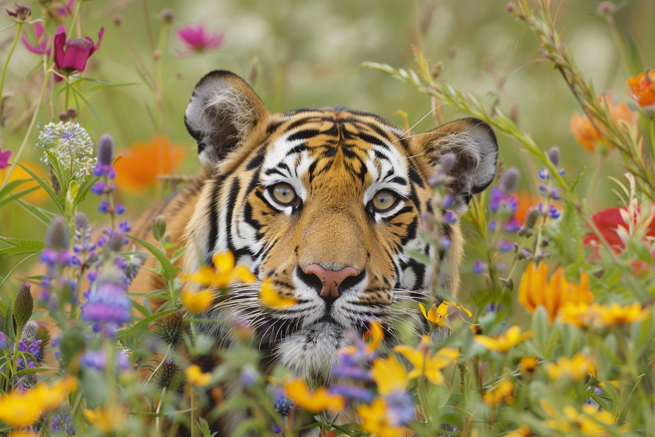 Image gratuite Tigre curieux derrière fleurs sauvages 2