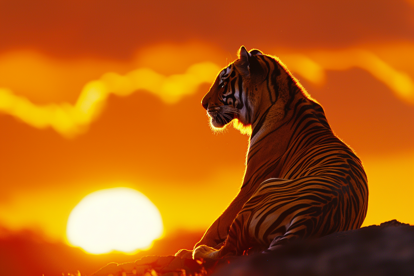 Image gratuite Tigre se prélassant au coucher de soleil 1