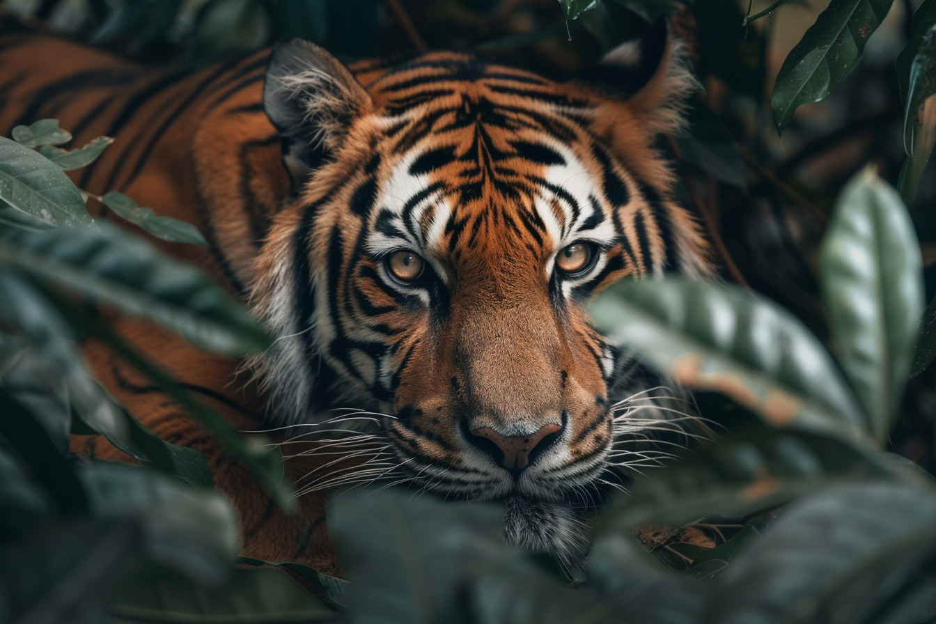 Image gratuite Tigre se reposant dans feuillage dense 1