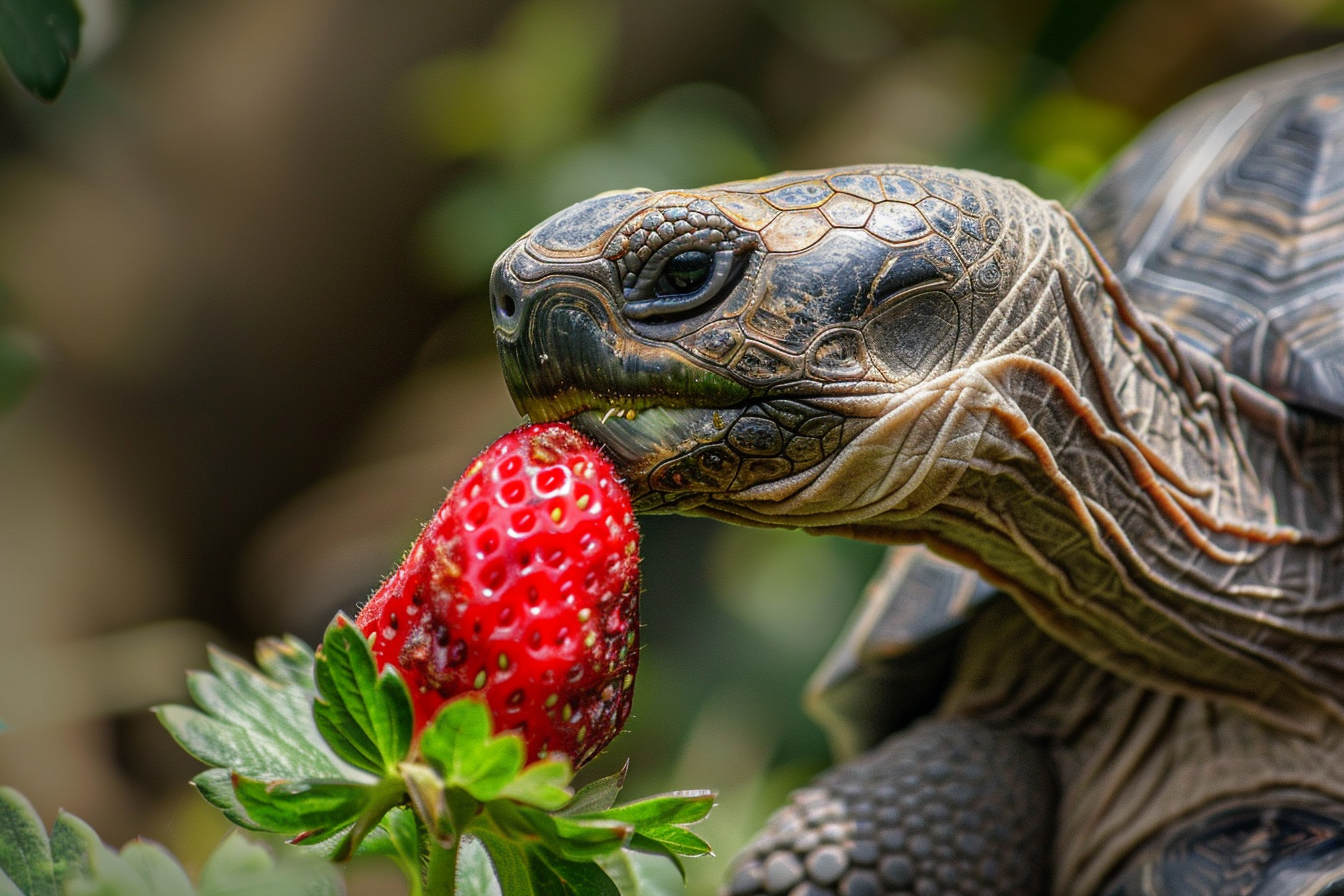 Image gratuite Tortue inspectant une fraise 2