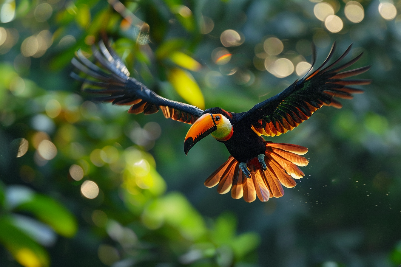 Image gratuite Toucan en plein vol dans la forêt tropicale 1