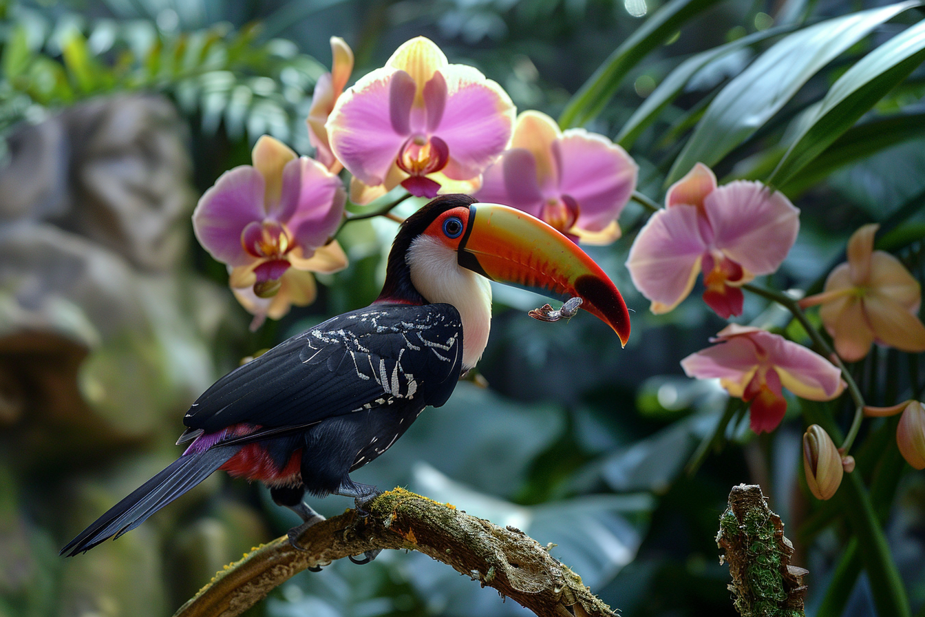Image gratuite Toucan sur une orchidée tropicale 1