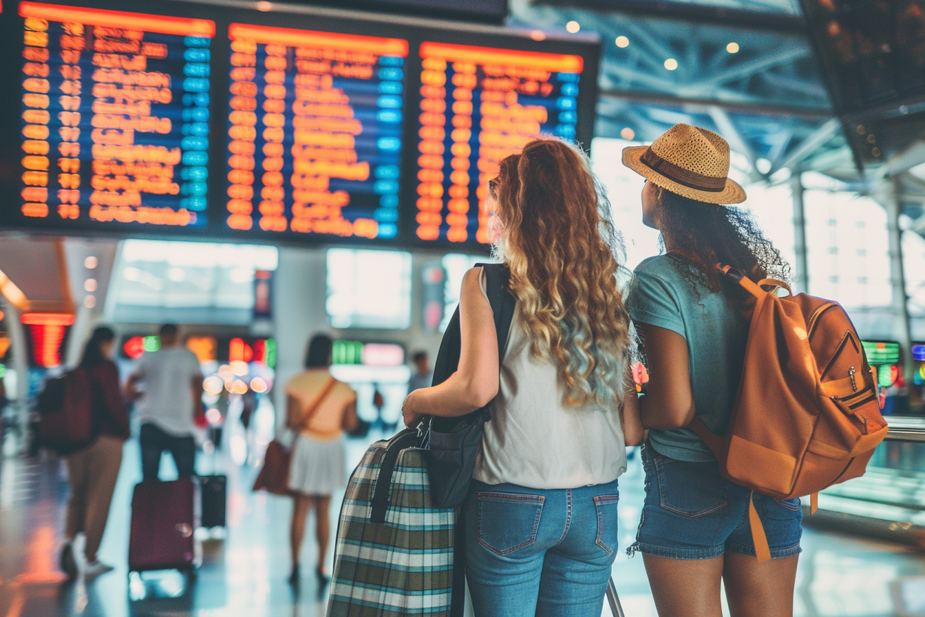 Image gratuite Touristes vérifiant vols sur écran dans terminal bondé 2