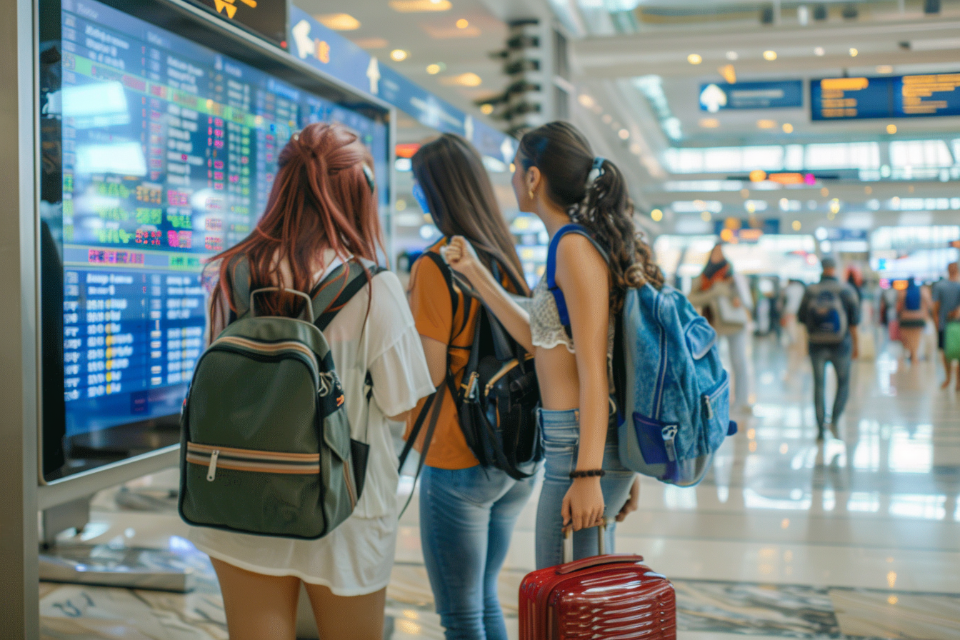 Image gratuite Touristes vérifiant vols sur écran dans terminal bondé 3