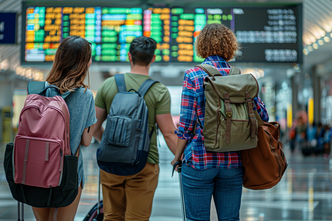 Image gratuite Touristes vérifiant vols sur écran dans terminal bondé 4