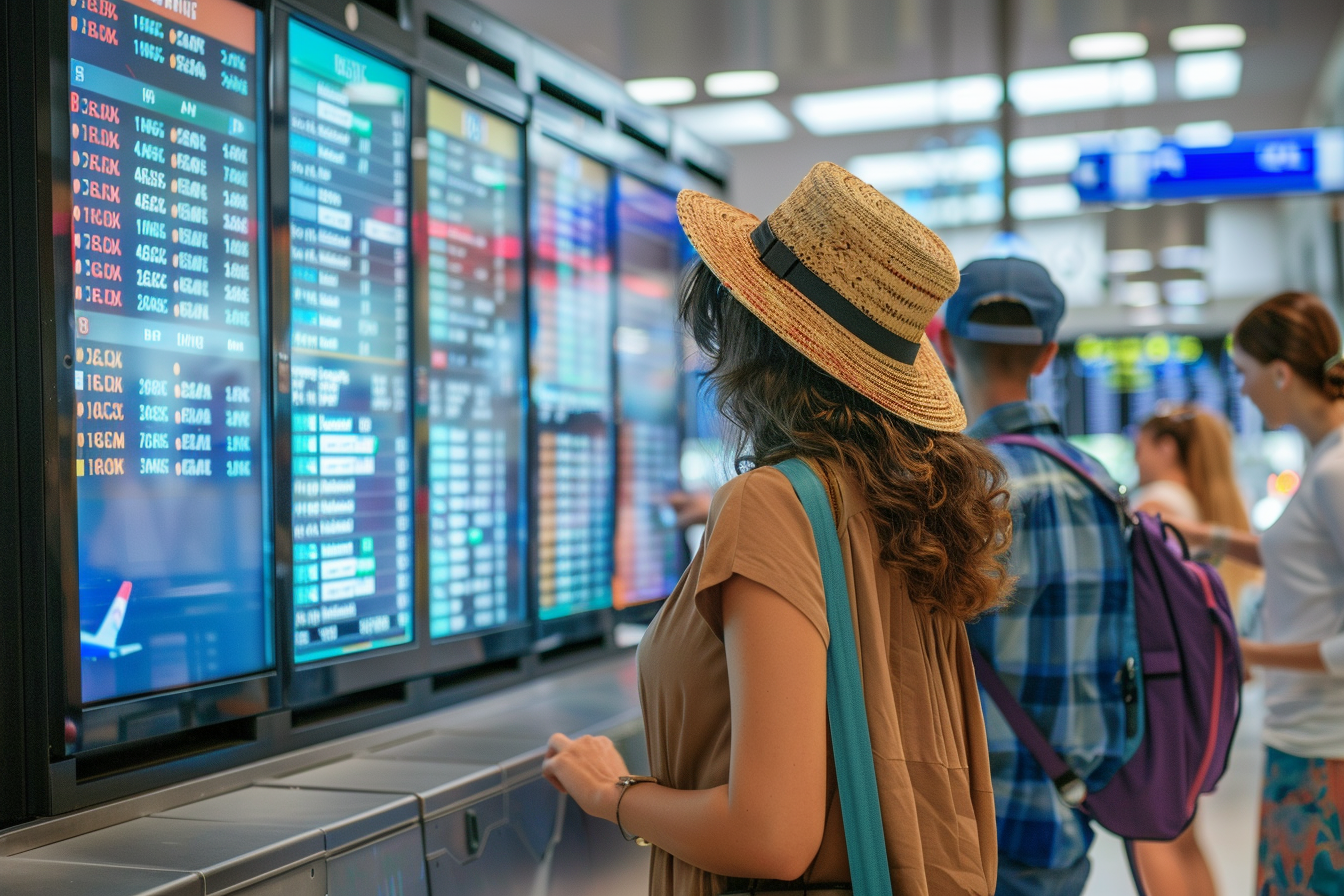 Image gratuite Touristes vérifiant vols sur écran dans terminal bondé 5