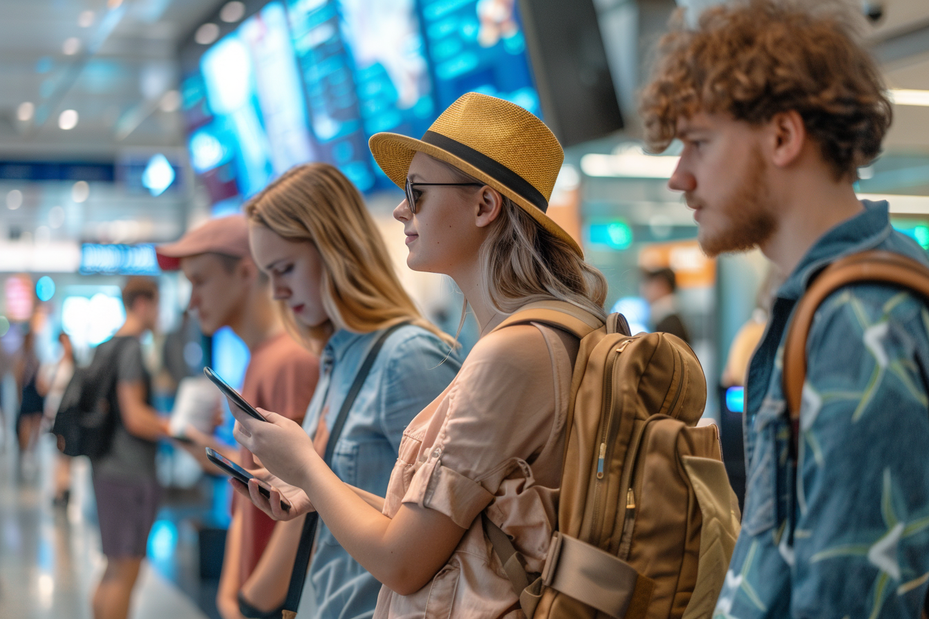 Image gratuite Touristes vérifiant vols sur écran dans terminal bondé 6