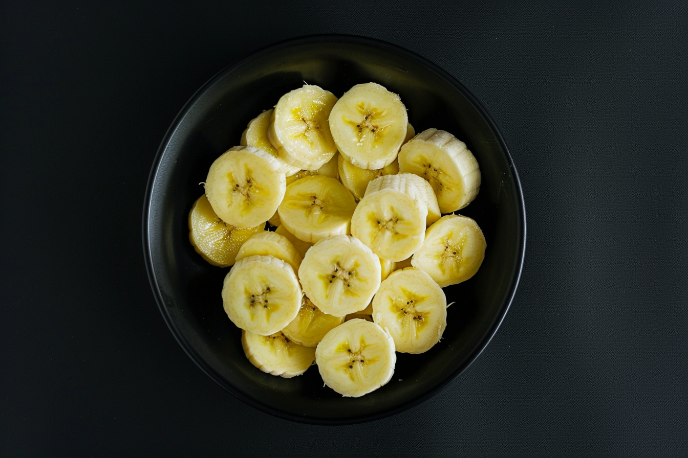 Image gratuite Tranches de banane dans un bol sur fond noir 1