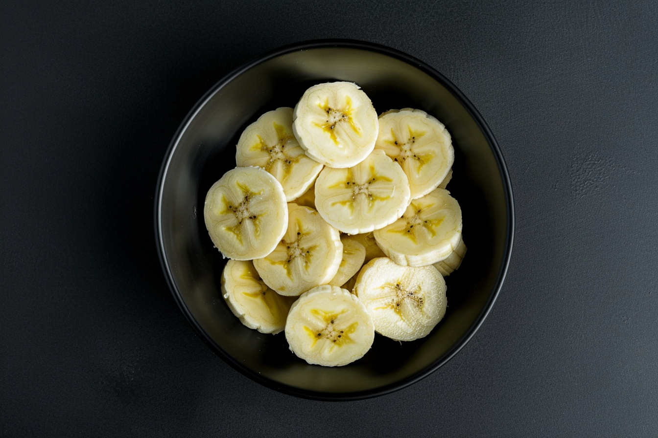 Image gratuite Tranches de banane dans un bol sur fond noir 2