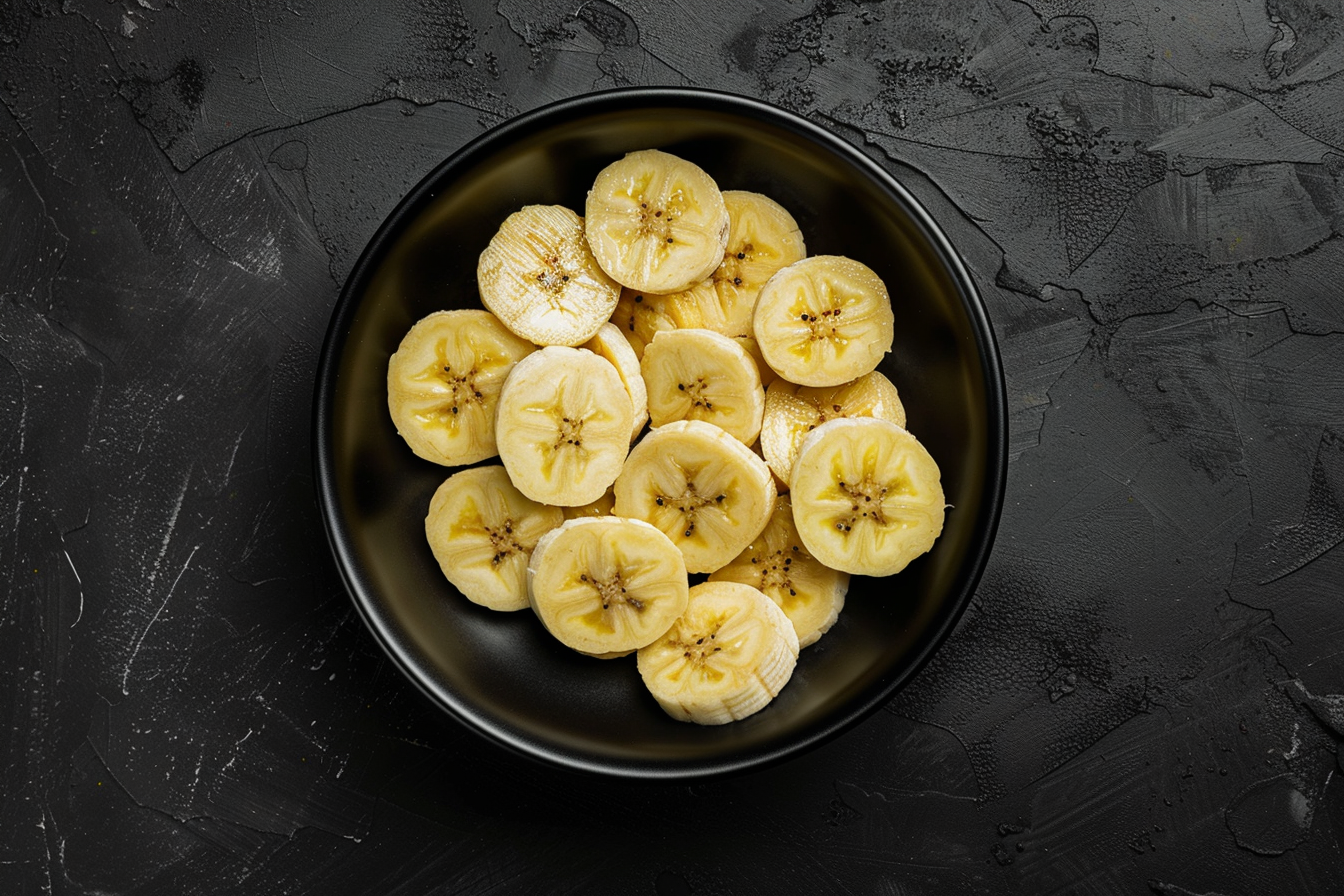 Image gratuite Tranches de banane dans un bol sur fond noir 4