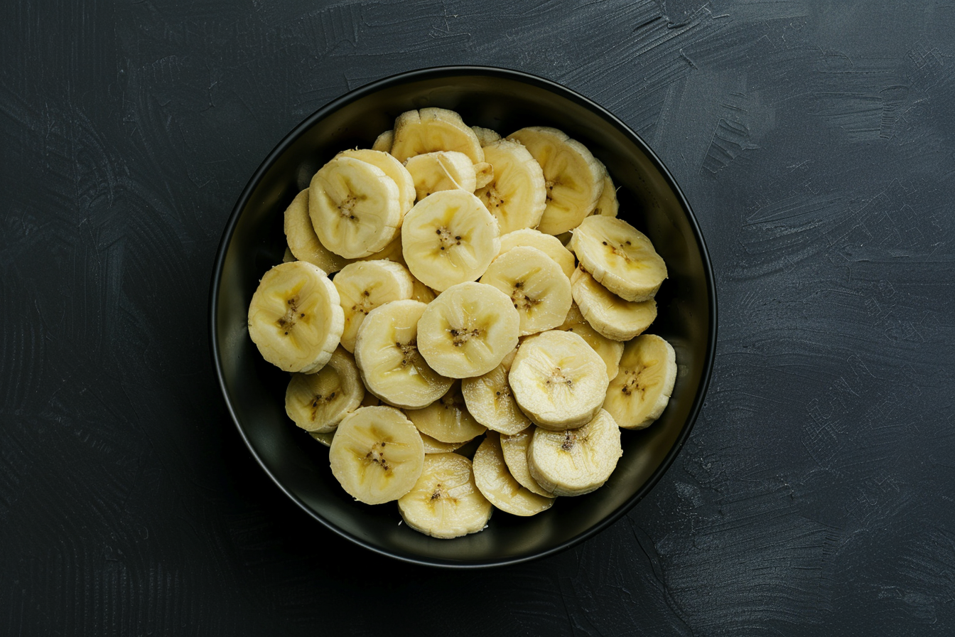 Image gratuite Tranches de banane dans un bol sur fond noir 5
