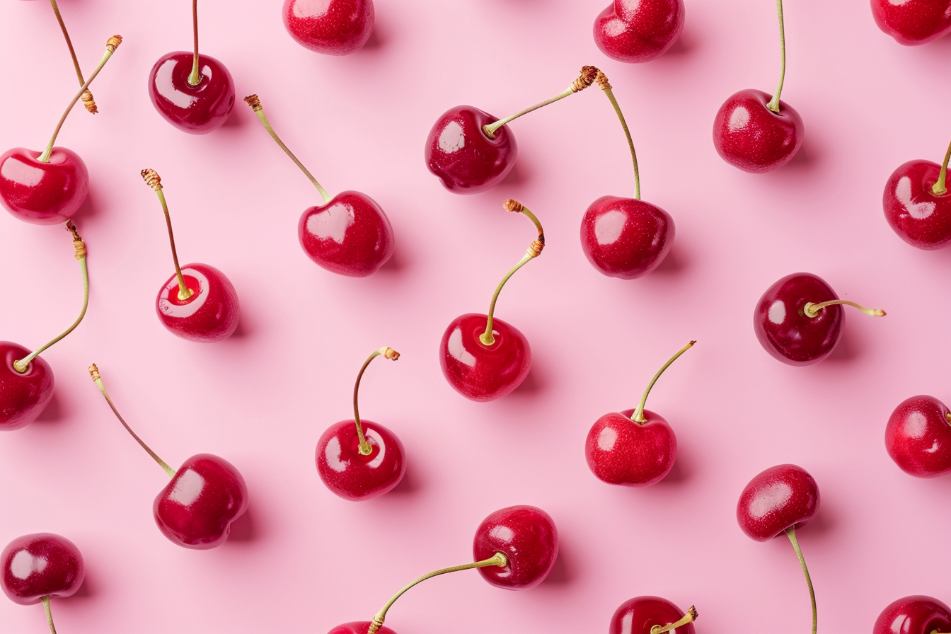 Image gratuite Tranches de cerises sur fond rose pastel 2