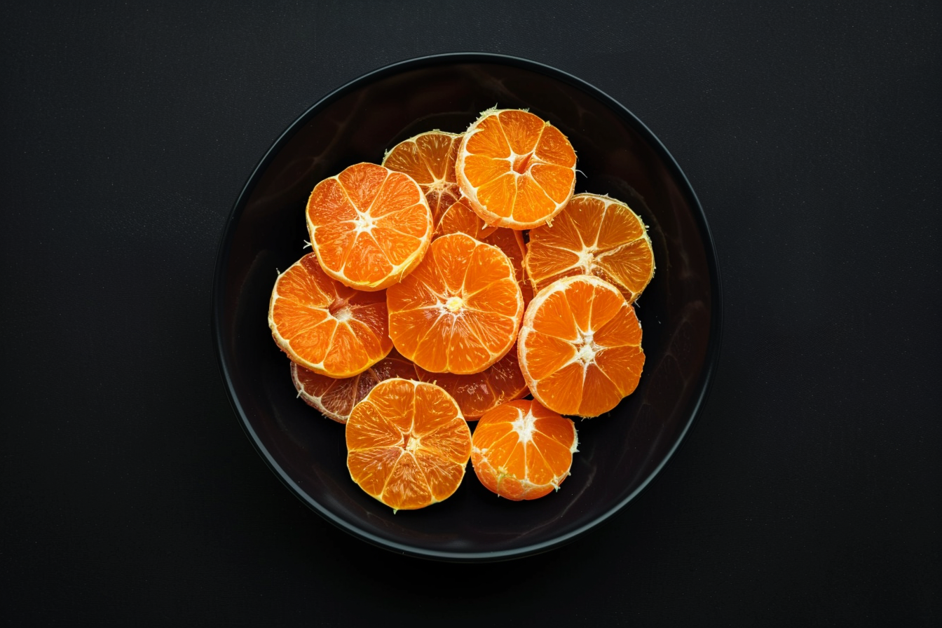 Image gratuite Tranches de clémentine dans bol sur fond noir 1