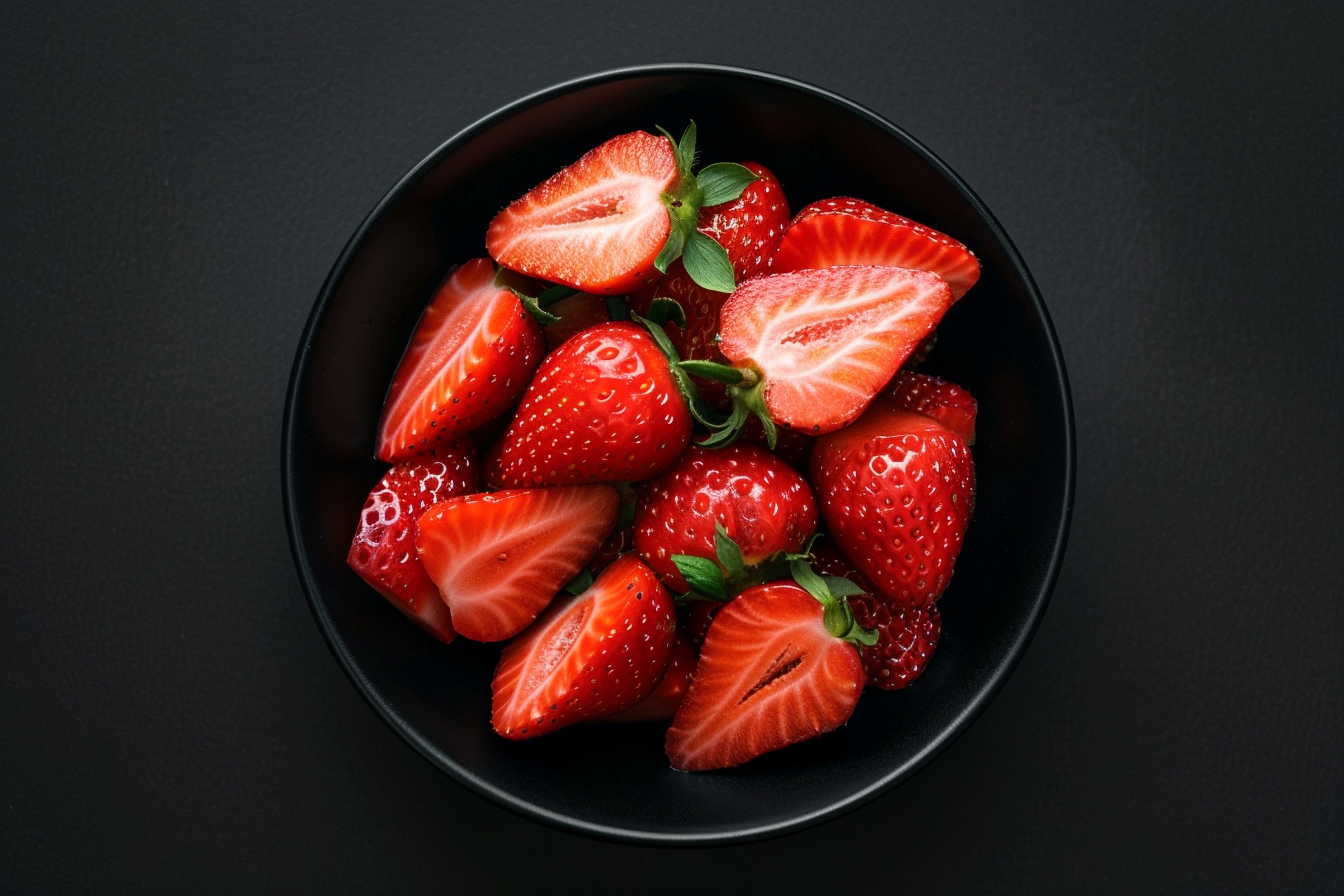 Image gratuite Tranches de fraise dans bol sur fond noir 2