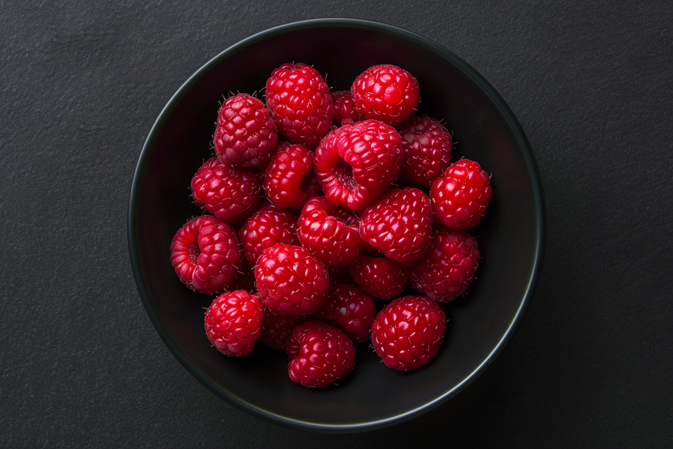 Image gratuite Tranches de framboise dans bol sur fond noir 1