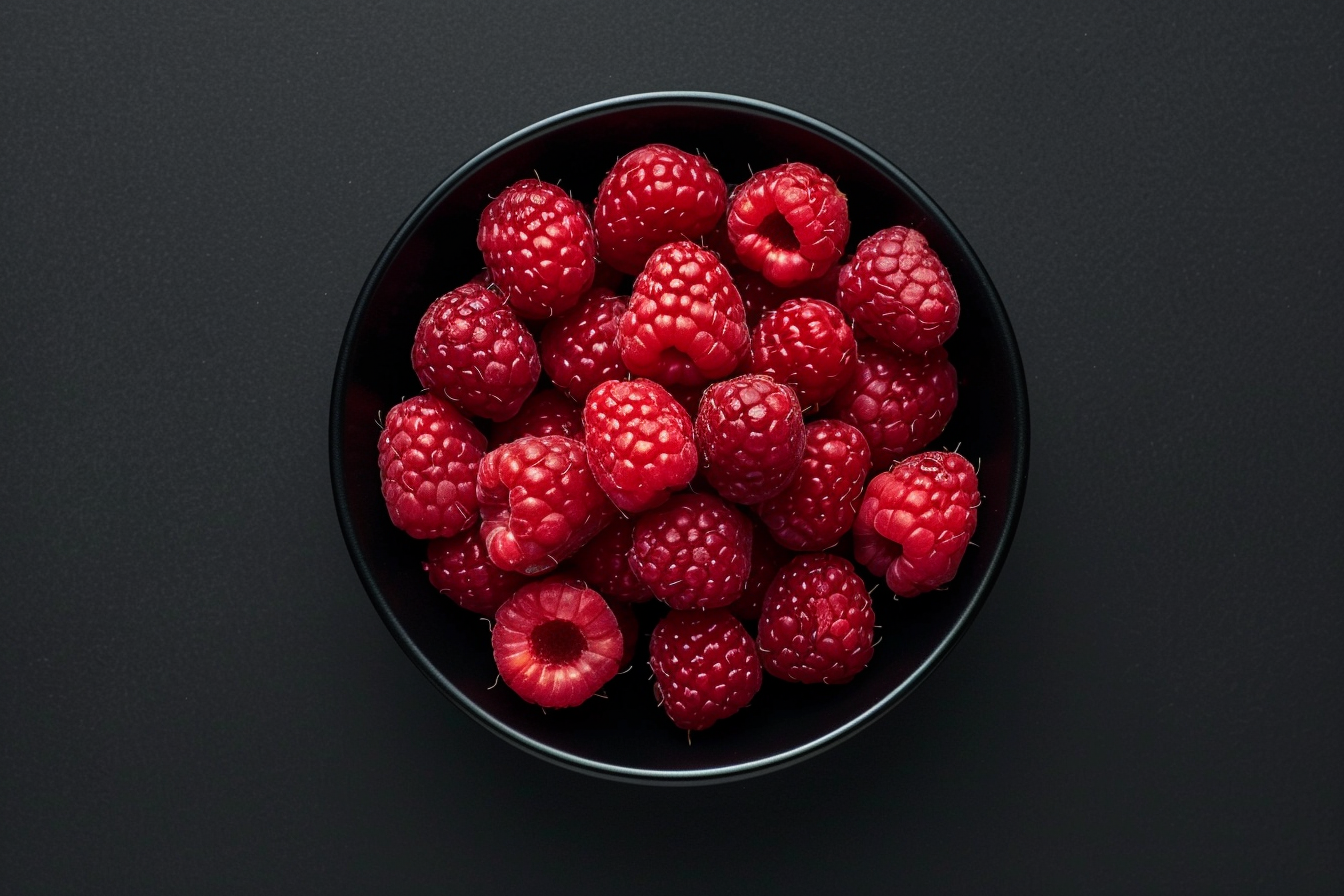 Image gratuite Tranches de framboise dans bol sur fond noir 3