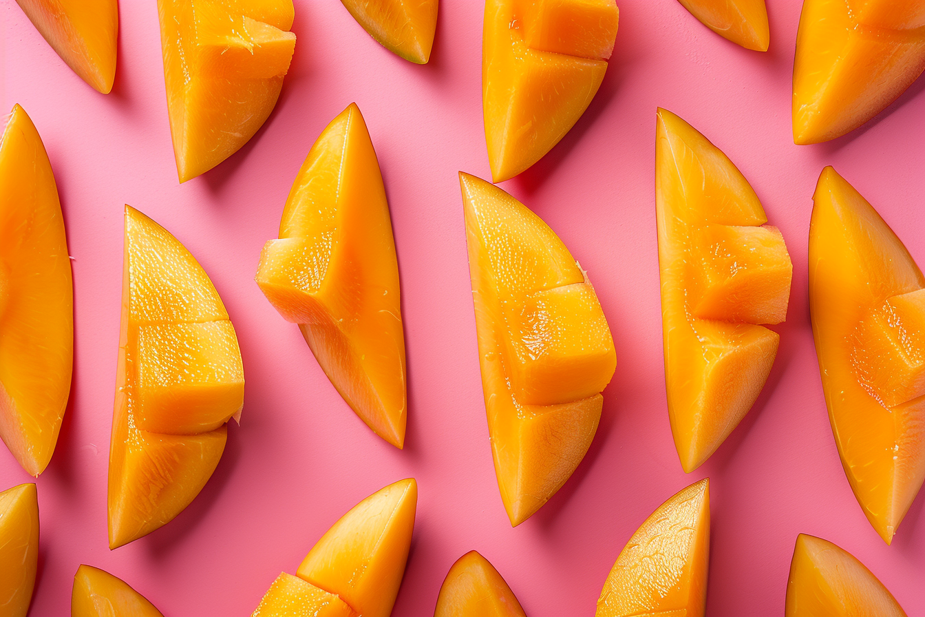 Image gratuite Tranches de mangue sur fond pastel 2