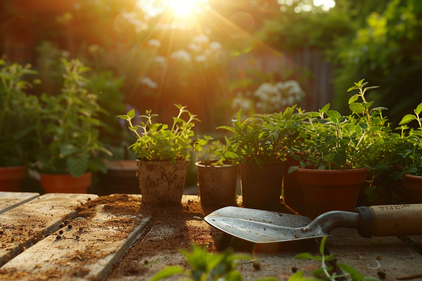 Image gratuite Truelle de jardin sur banc de rempotage 2