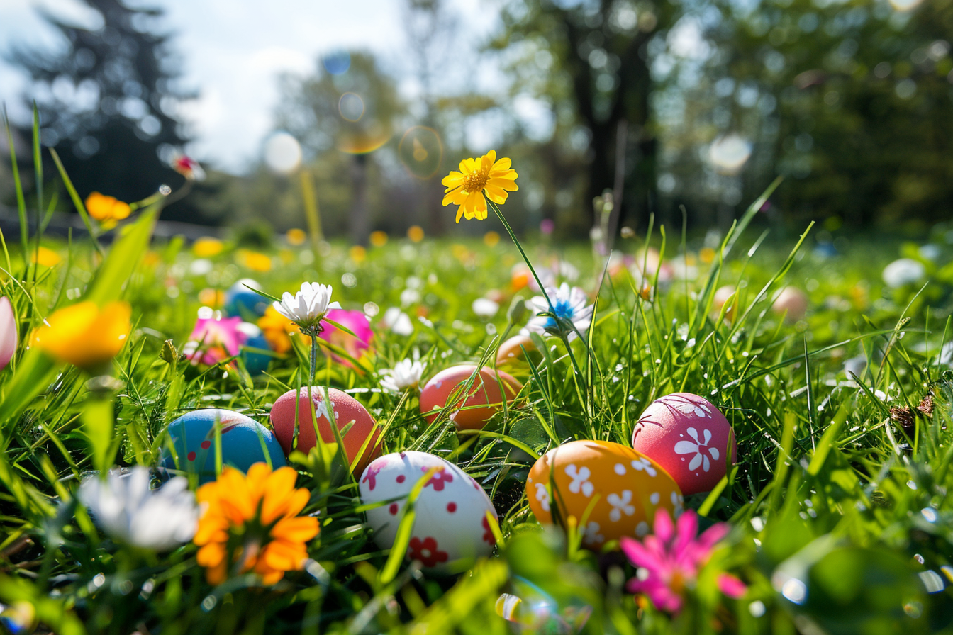 Image gratuite Œufs cachés, fleurs printemps, prairie ensoleillée 1