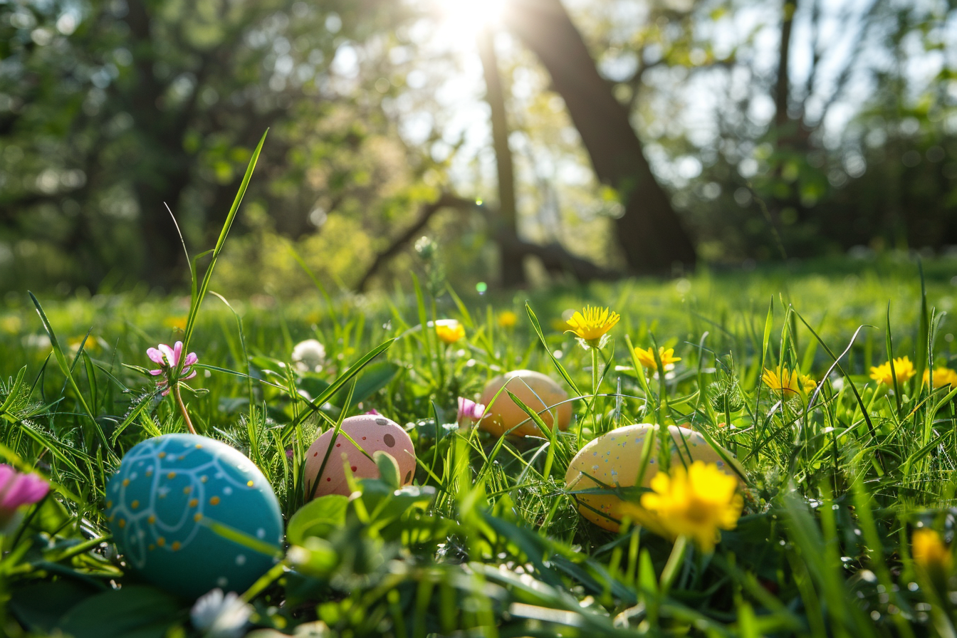 Image gratuite Œufs cachés, fleurs printemps, prairie ensoleillée 2