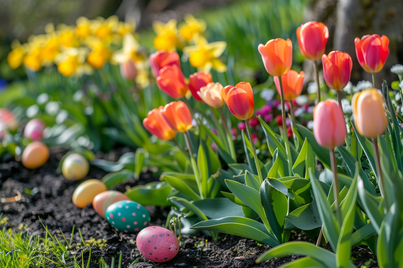 Image gratuite Œufs colorés, jardin, tulipes, jonquilles 1