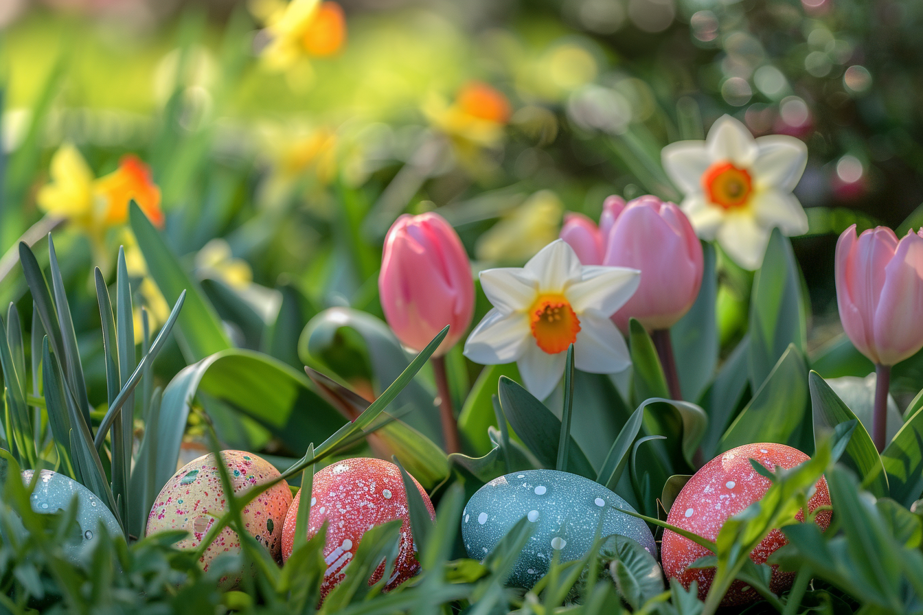 Image gratuite Œufs colorés, jardin, tulipes, jonquilles 2