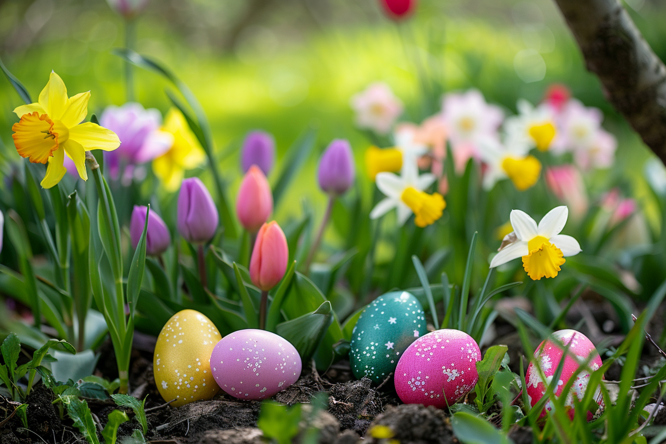 Image gratuite Œufs colorés, jardin, tulipes, jonquilles 3