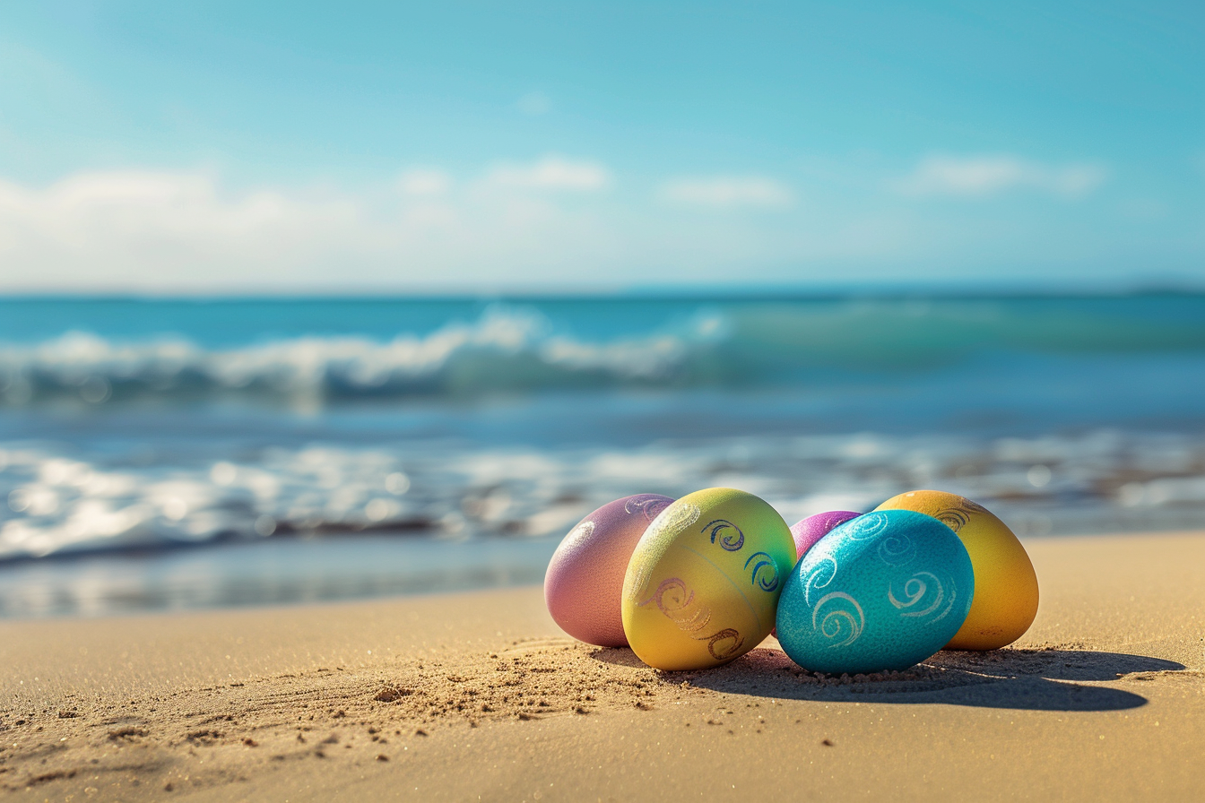 Image gratuite Œufs colorés, plage sable, vagues océan 1
