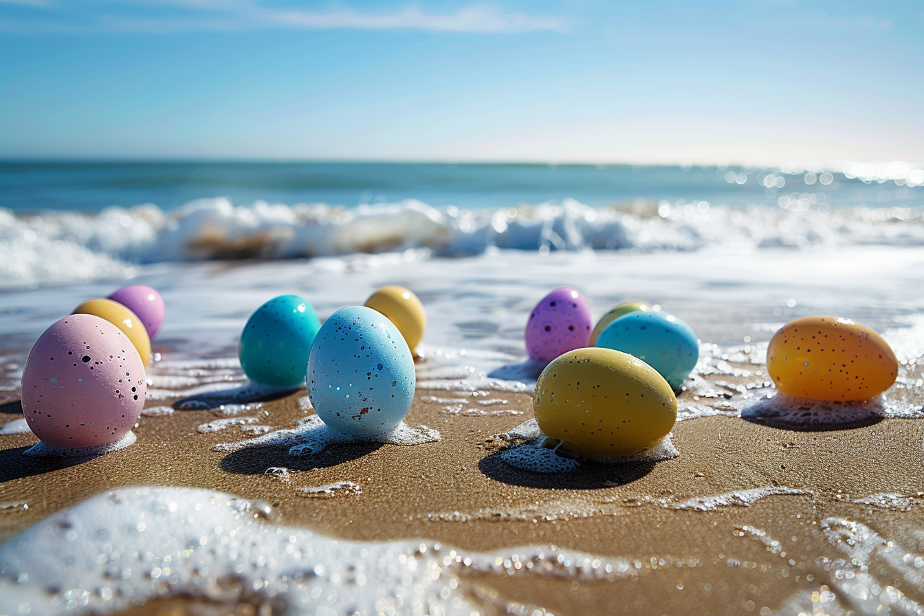 Image gratuite Œufs colorés, plage sable, vagues océan 3