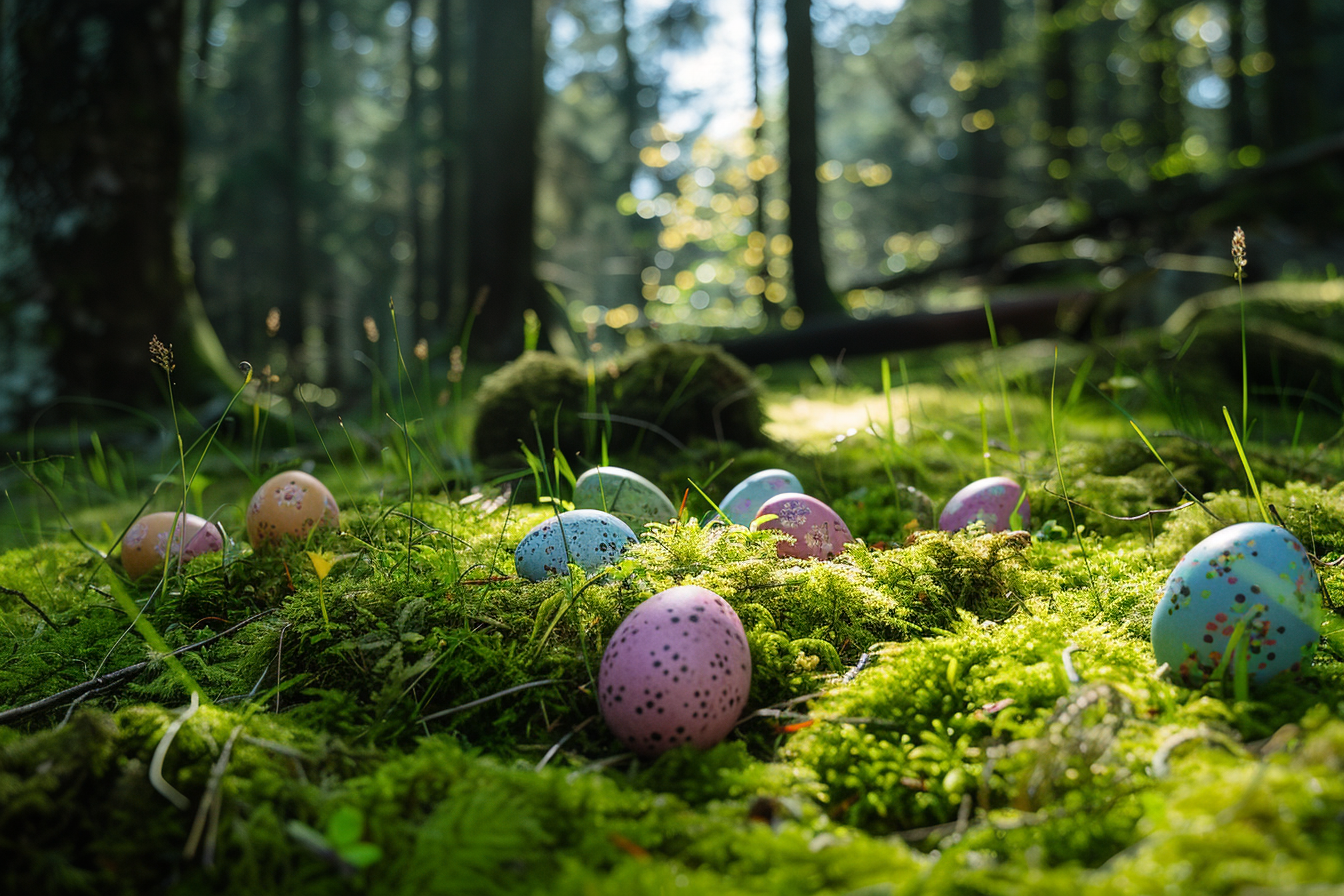 Image gratuite Œufs, sol forestier moussu, lumière tamisée 1