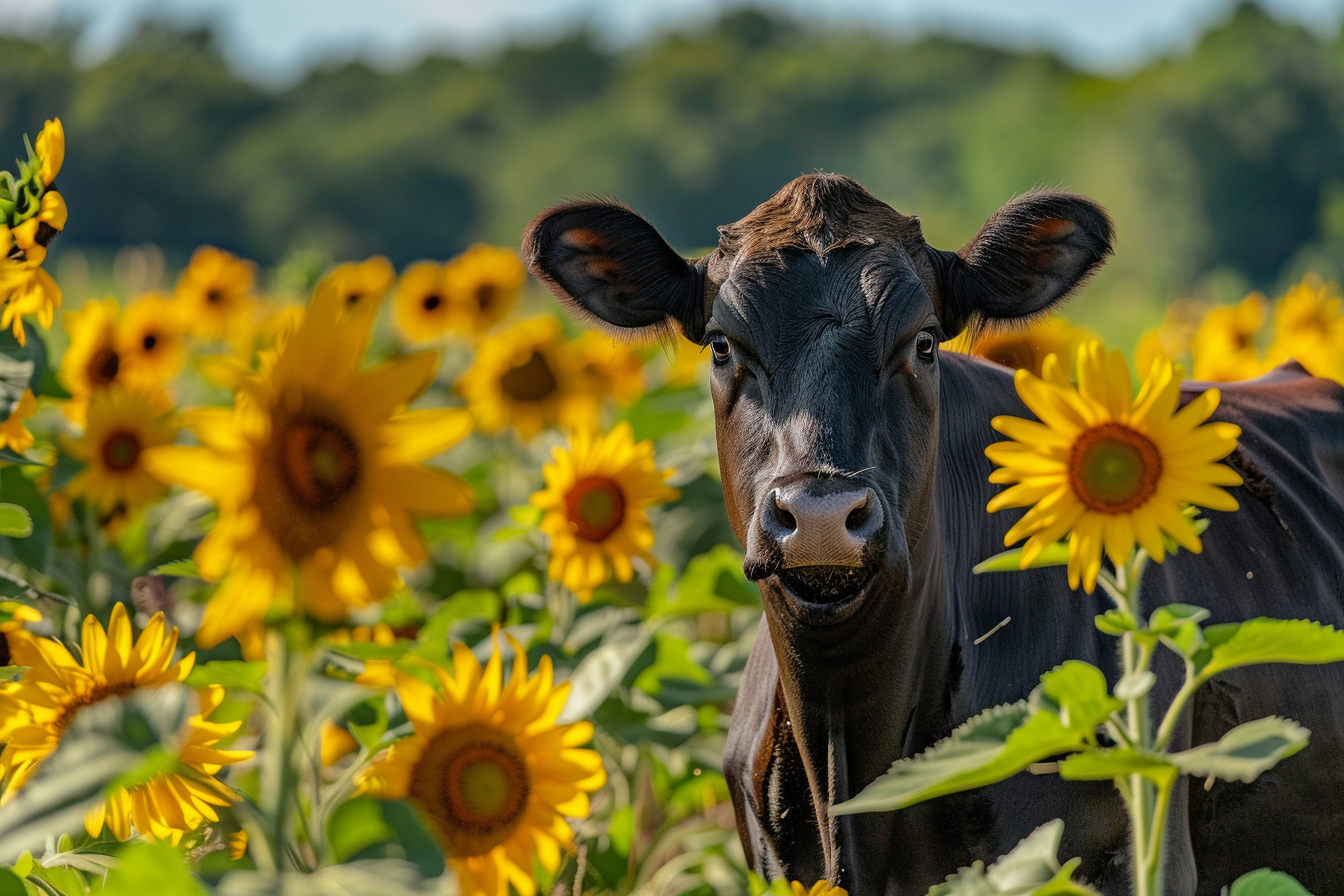 Image gratuite Vache laitière dans champ de tournesols 1